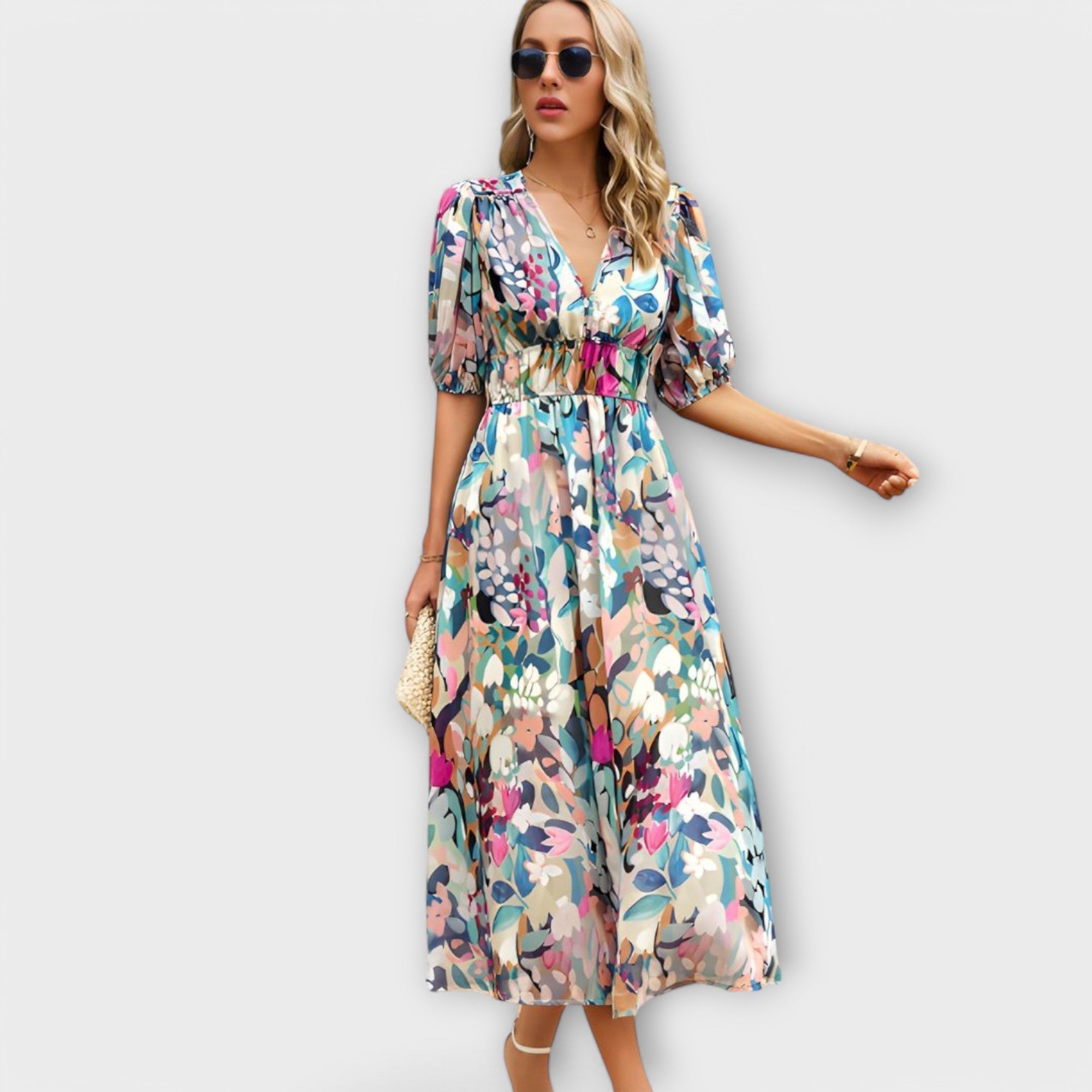 Abstract puff sleeve maxi dress